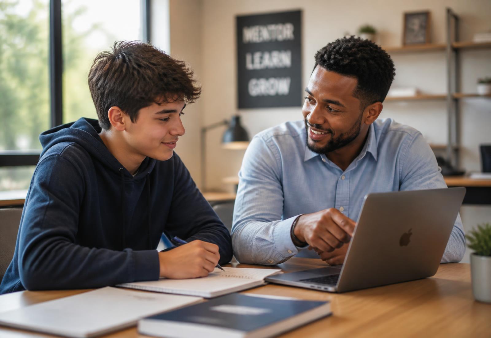 A mentor and a high-school student reviewing a learning plan together